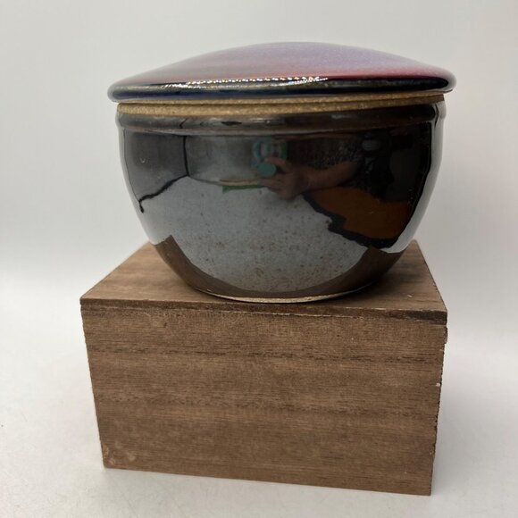 Signed and marked on bottom Other - Studio Pottery Stoneware two piece jar vessel container purple glaze